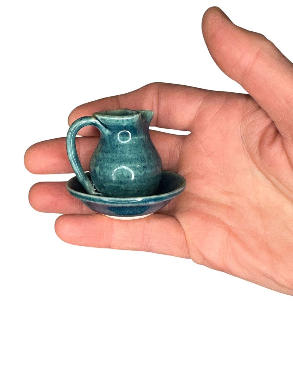 Handmade Miniature Studio Pottery Pitcher & Dish Set Blue Green Signed Ceramic